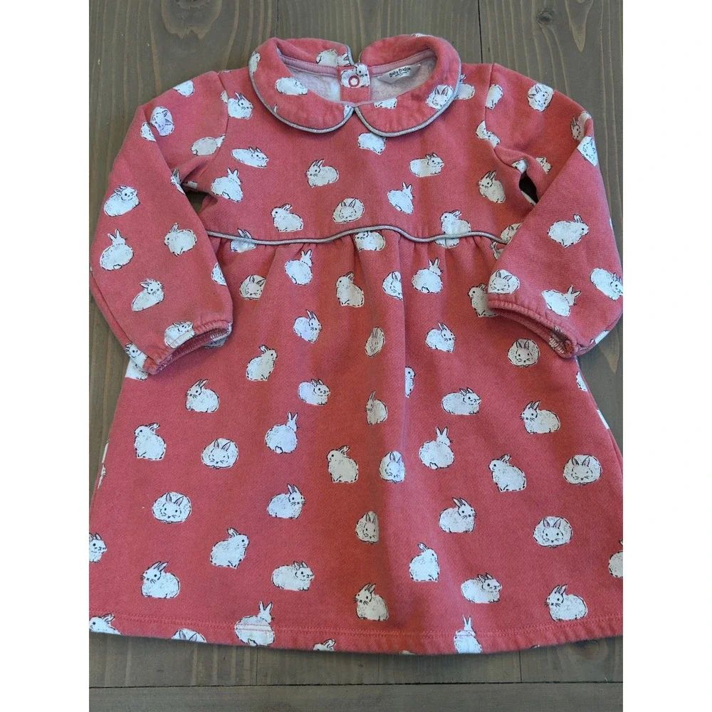 Bb1 Baby Boden Girls Coral Pink Bunny Rabbit Dress Peter Pan Collar 2-3Y